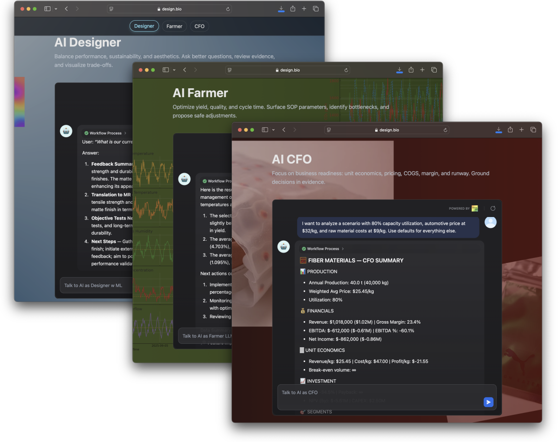 AI designer, farmer, CFO biomaterials agent interface
